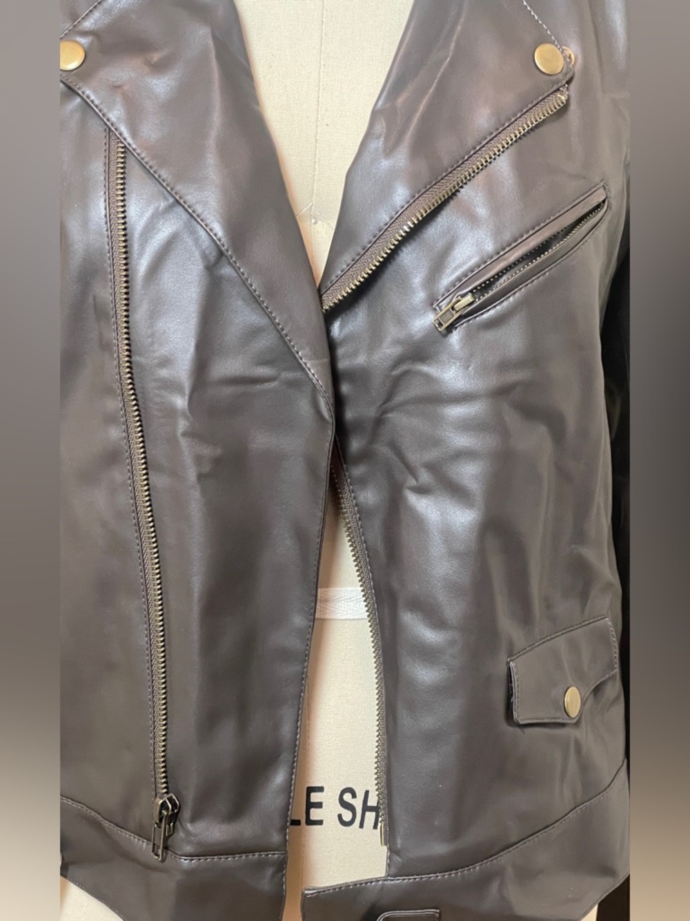 Brown Leather Moto Jacket with Asymmetrical Zip - Picture 3 of 13